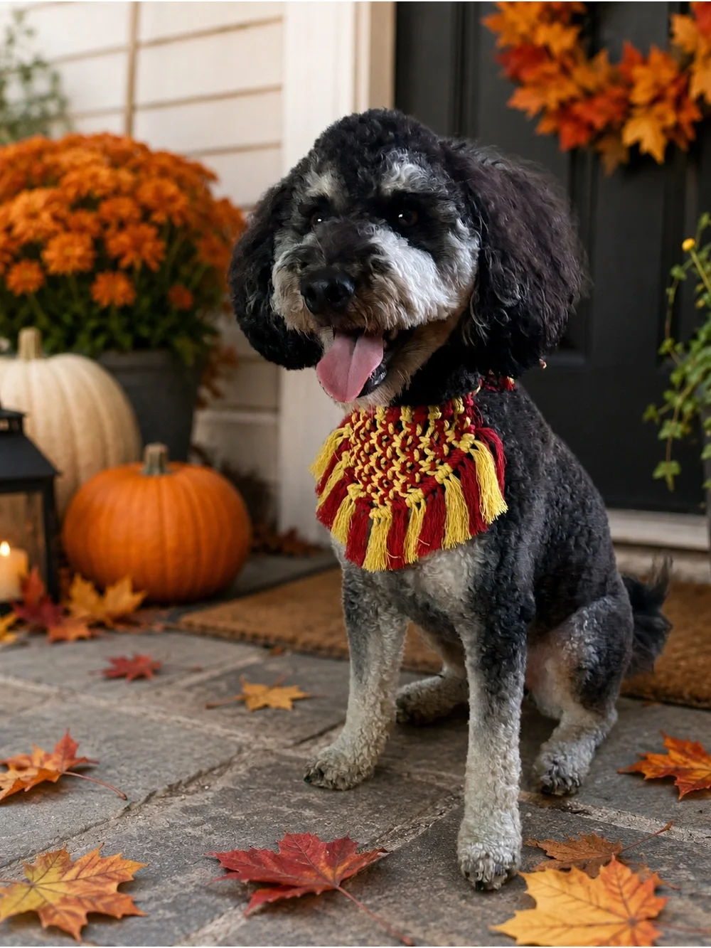 Red and Gold Macrame Dog Bandana | Fall, Halloween Pet Accessory
